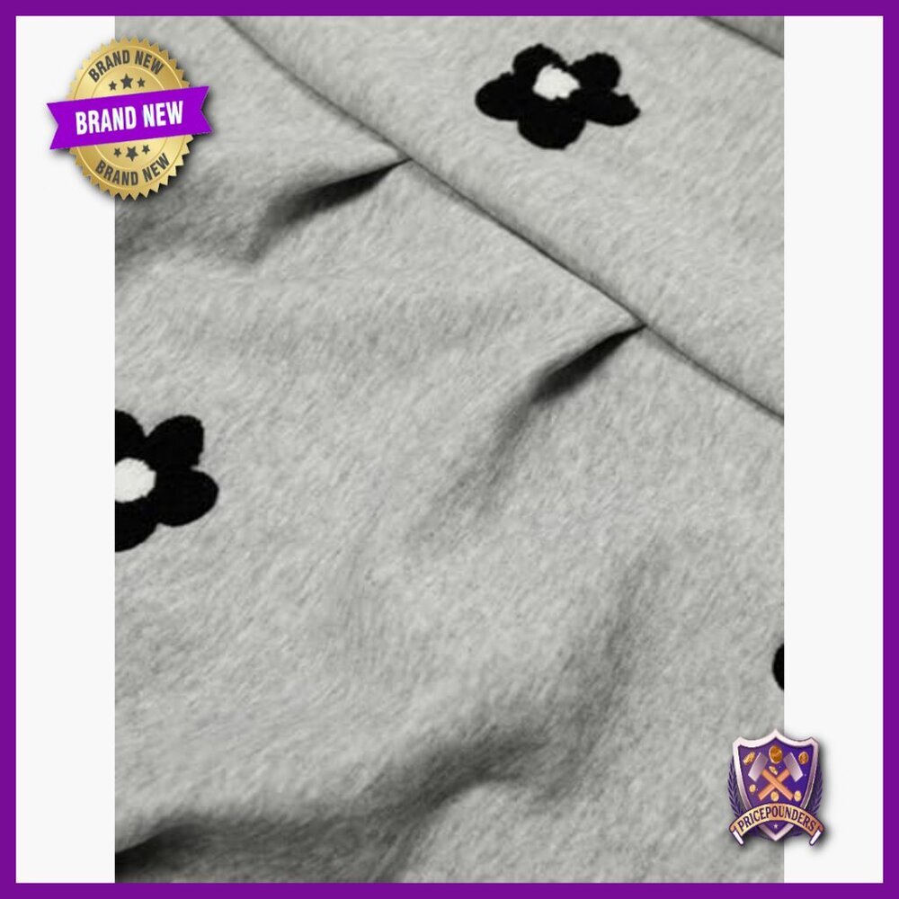 Wide Leg Sweatpants with Floral Embroidery, Elastic Waist, Y2K Style - Picture 6 of 7